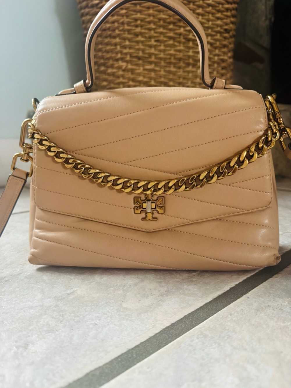 Tory Burch Kira Chevron Top Handle Satchel Nude Beige Leather Crossbody Bag